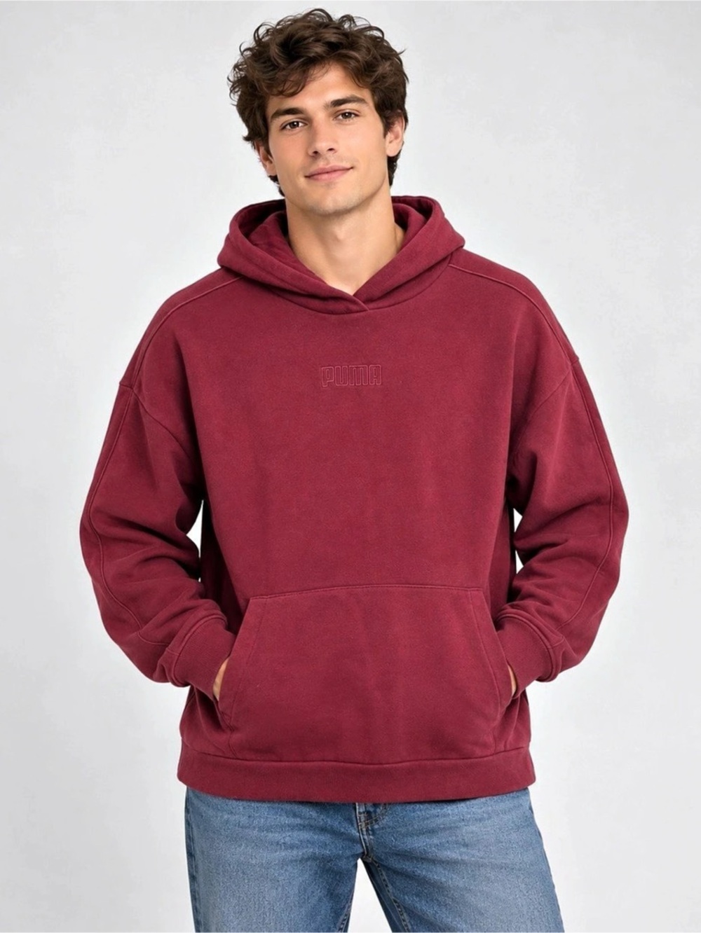 PUMA Men’s XXL Burgundy Pullover Hoodie Tonal Logo Kangaroo Pocket